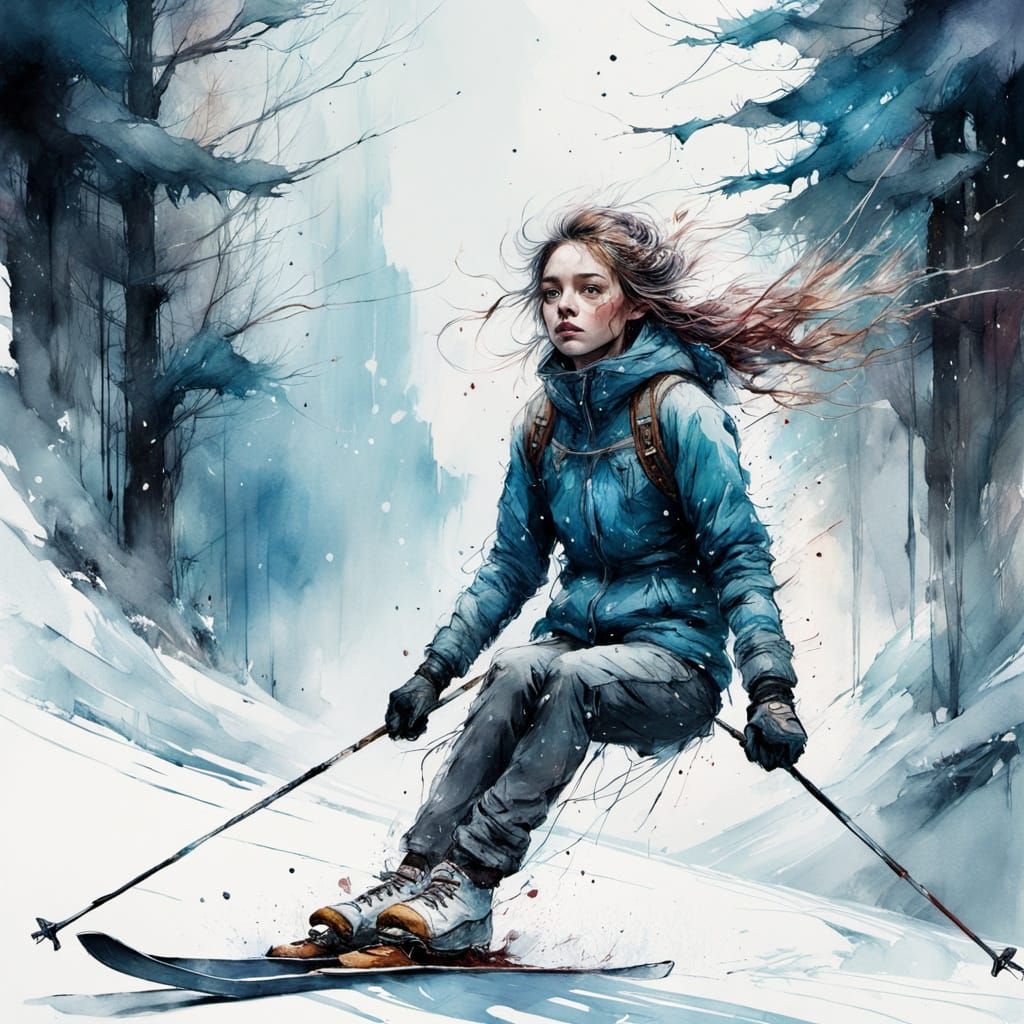 Enchanting Watercolour Winter Wonderland with Women Skiing D...