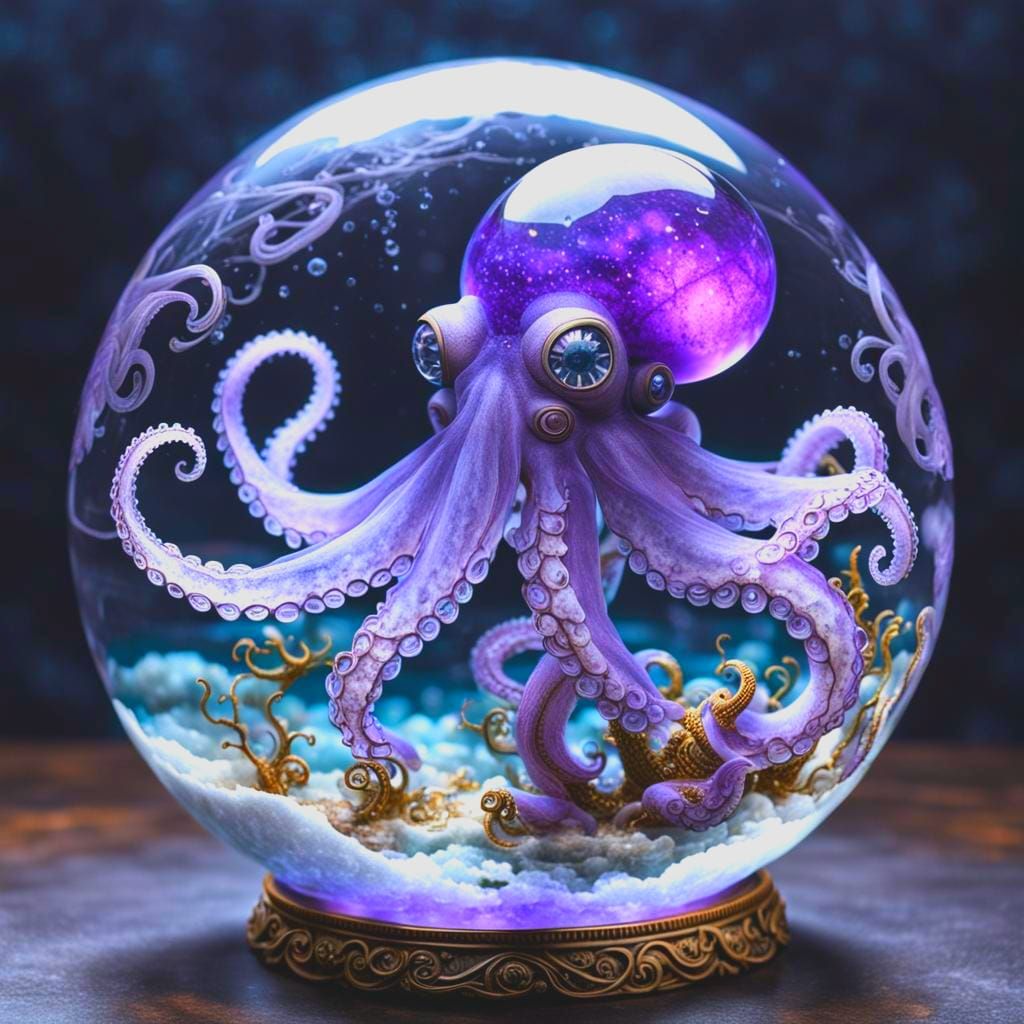 Steampunk Octopus in Crystal Sphere Under Moonlight