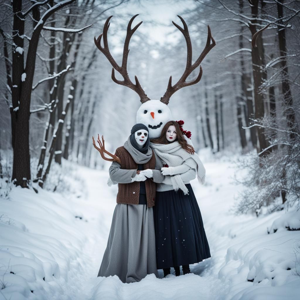 Creepy Snowman with Antlers Holding Woman