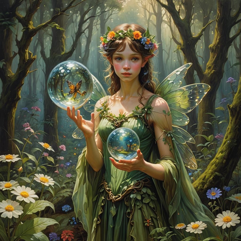 Flower Fairy Holding Forest Orb as Oil Painting