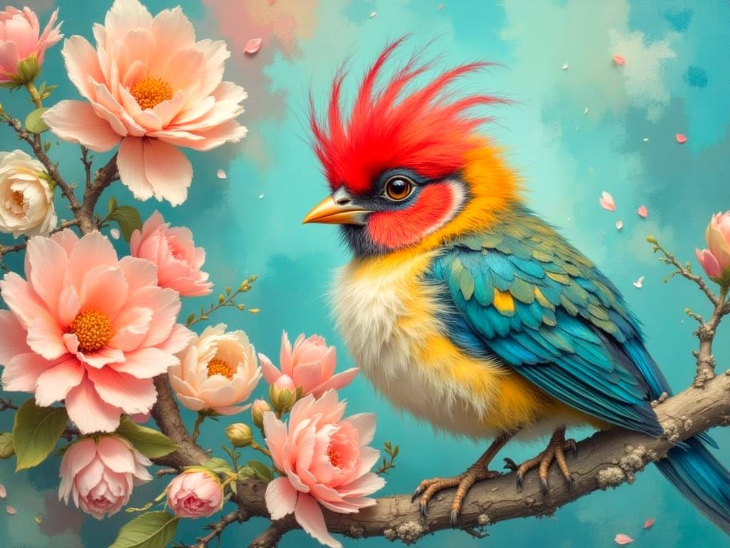 Vibrant Bird Chick on Flowering Branch