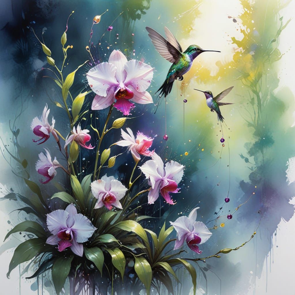 Hummingbird Chicks in Bioluminescent Orchid Garden