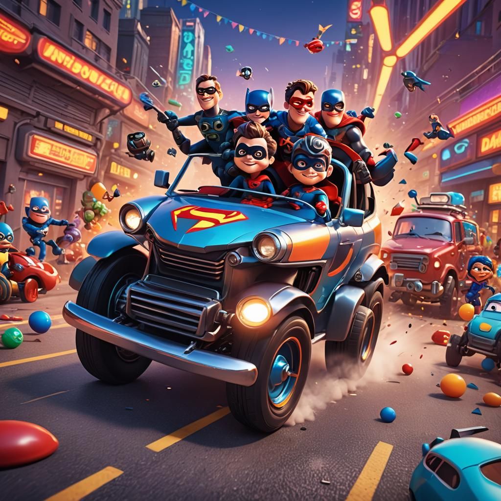 Superhero Roadtrip in Futuristic Vehicle: 3D Digital Art