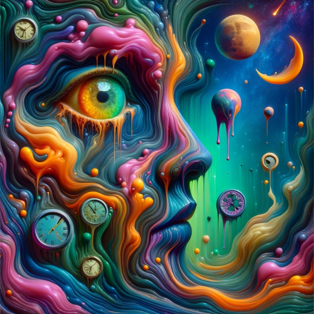 Surreal Portrait with Glowing Eyes and Melting Clocks