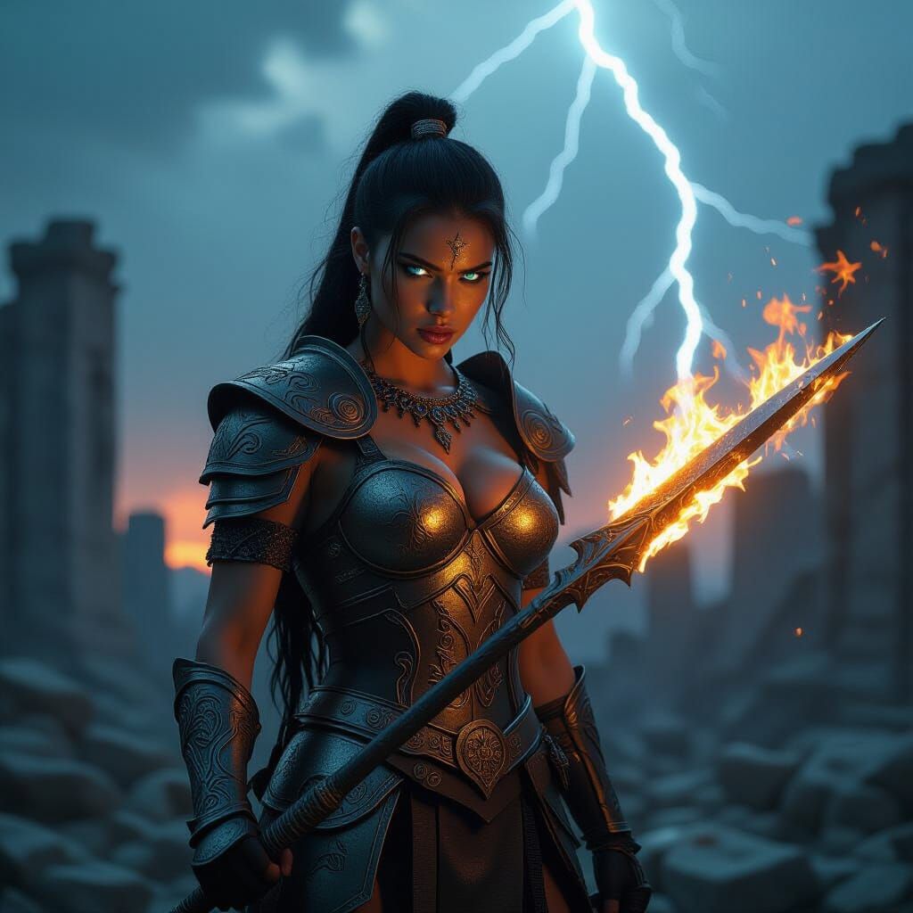 Barbarian Queen in Dragon Armor Amidst Ancient Ruins