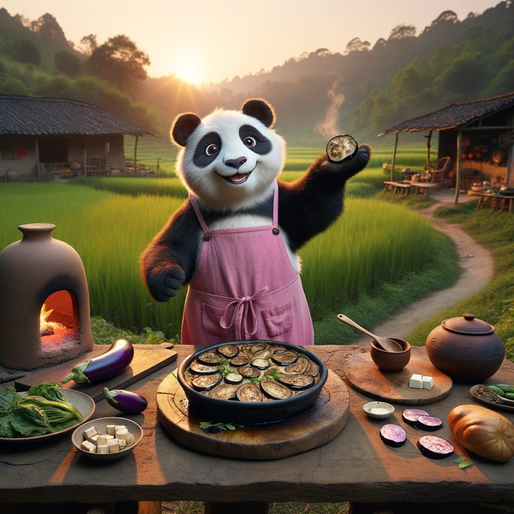 Panda Showcases Baked Eggplant Tofu Delight in Cozy Village ...