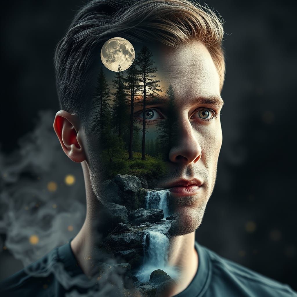 Young Man Surrounded by Forest Under Full Moon