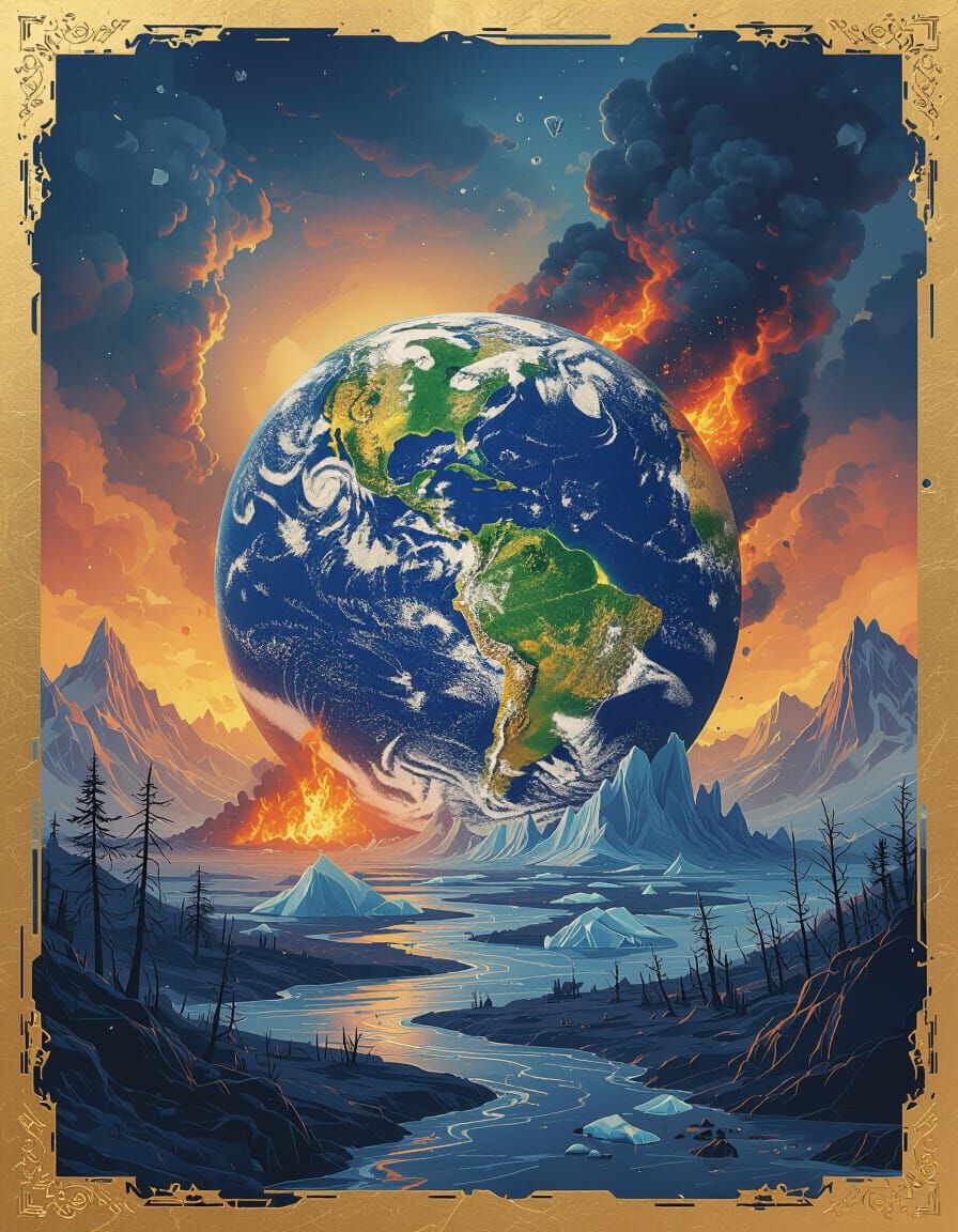 Global Warming Stamp: Melting Earth in Futuristic Style
