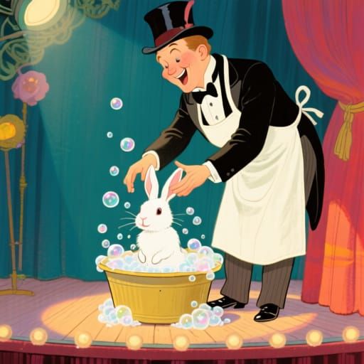 Magician Bathes Rabbit in Bubbly Basin Storybook Style