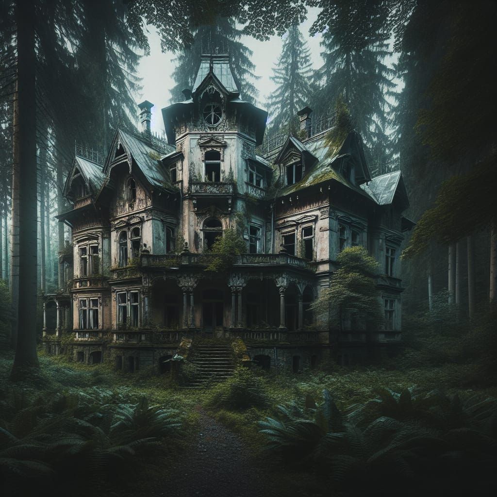 Eerie Decaying Mansion in Dense Forest