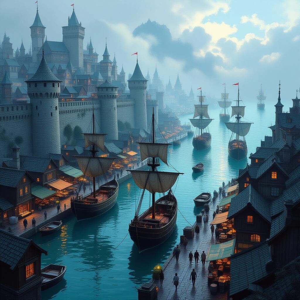 Bustling Port City with Round Towers, Dreamy Fantasy Style