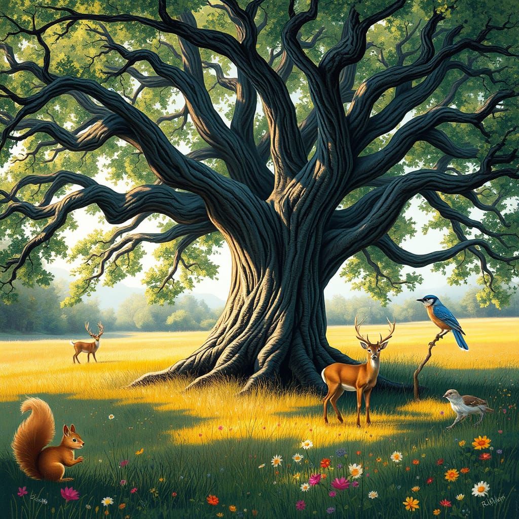 Whimsical Oak Tree Scene in Vibrant Summer Light