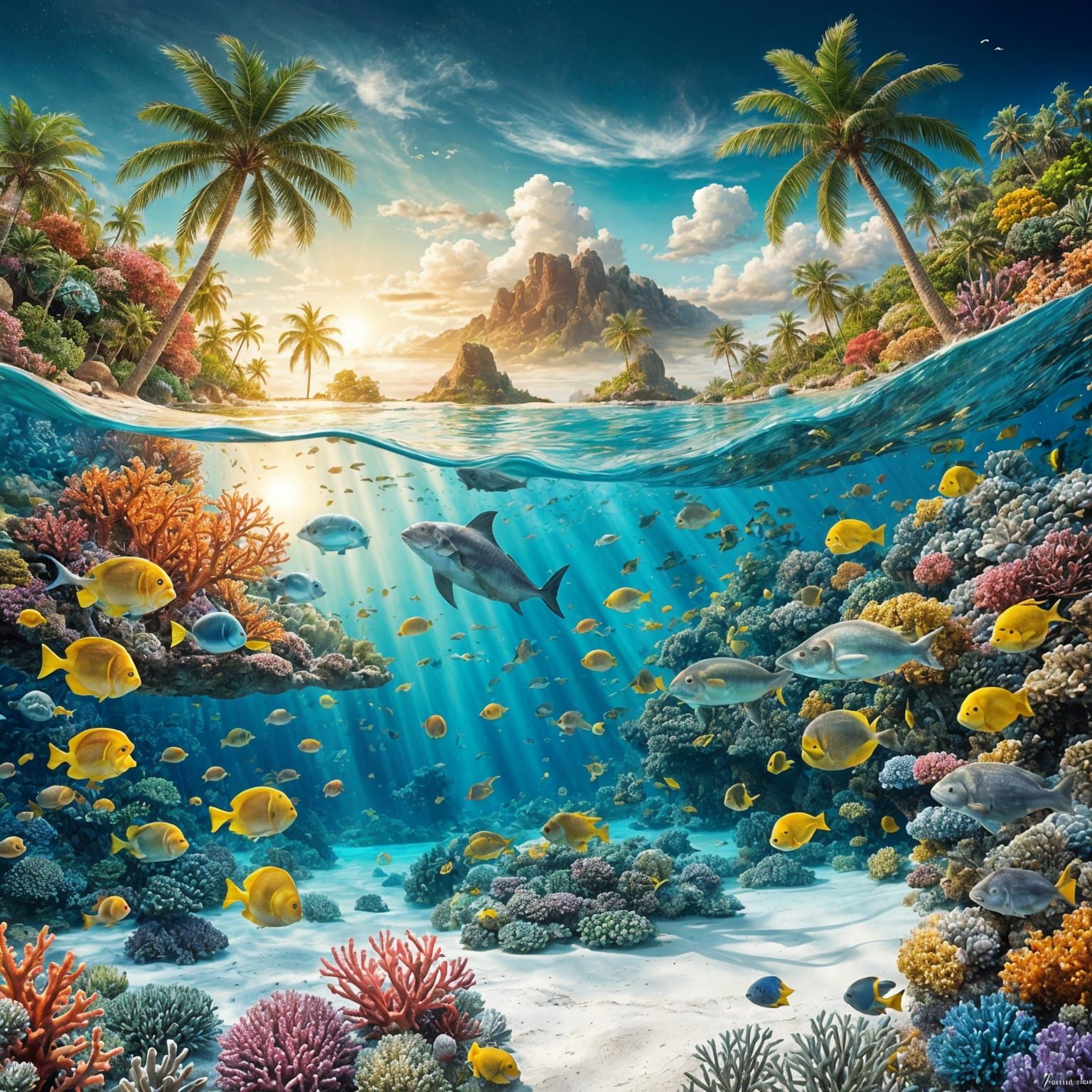 Luminescent Coral Reef and Tropical Island Paradise