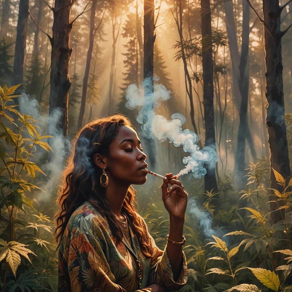 Impressionist Sunset: Woman Smoking in Mystical Forest