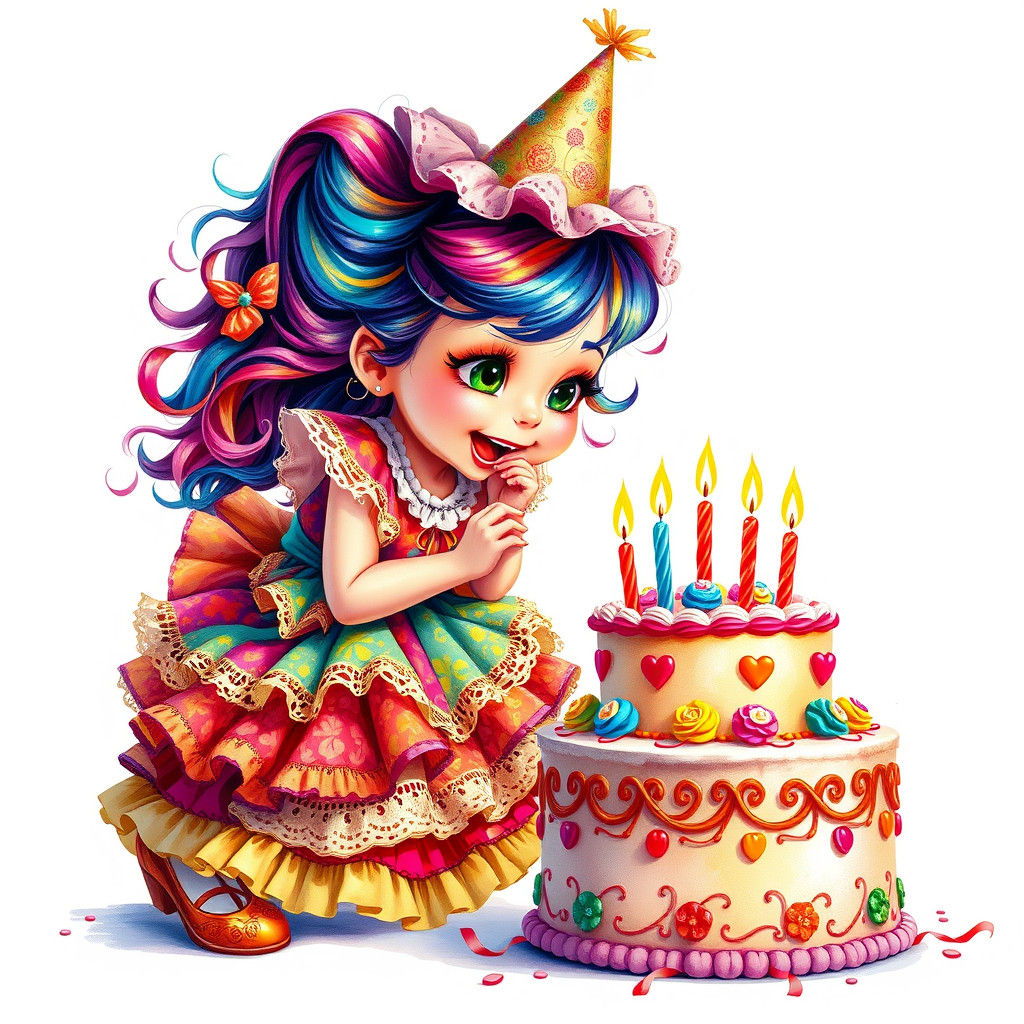 Colorful Girl Blowing Out Birthday Candles as Gouache Art