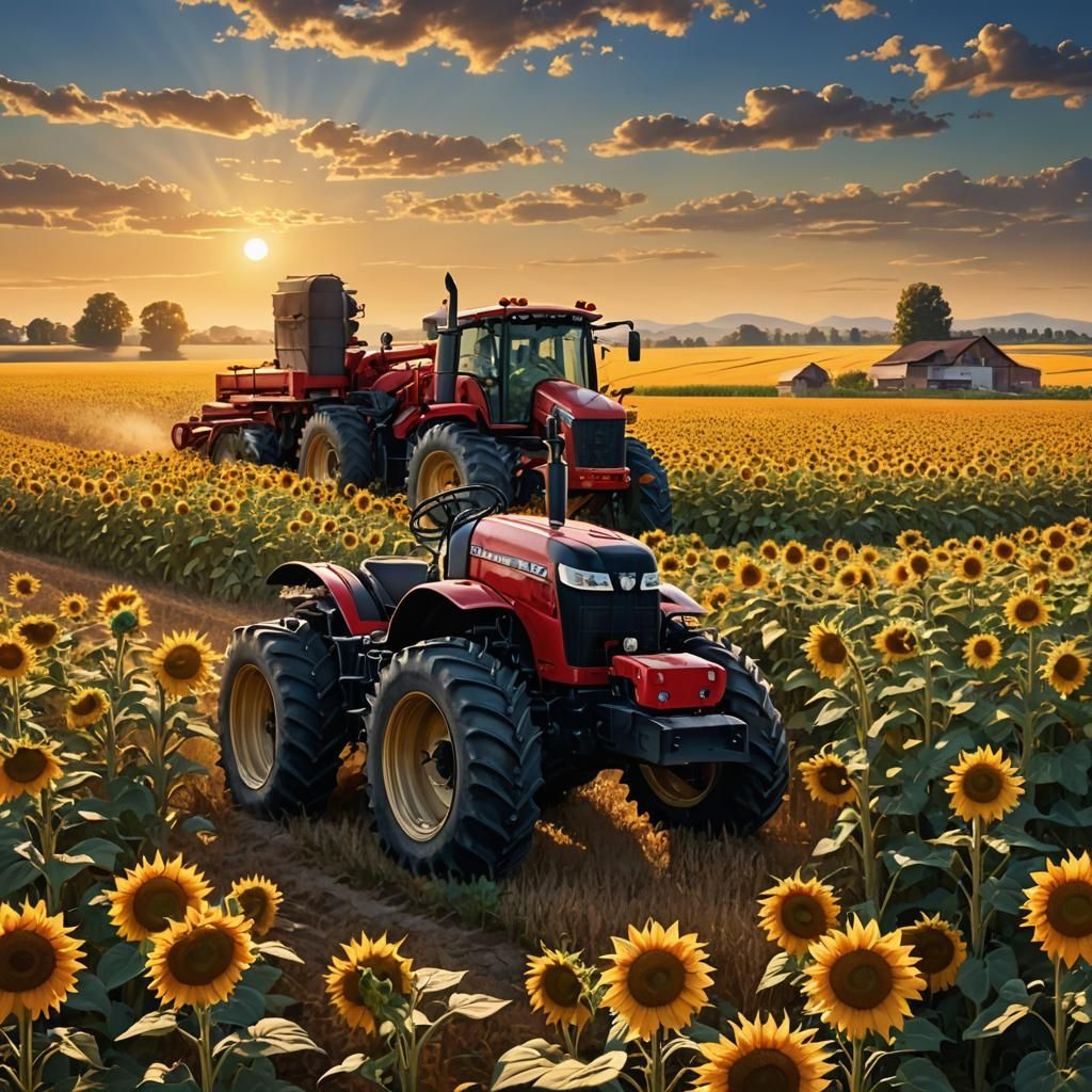 Case IH Tractor in Sunflower Field at Sunset