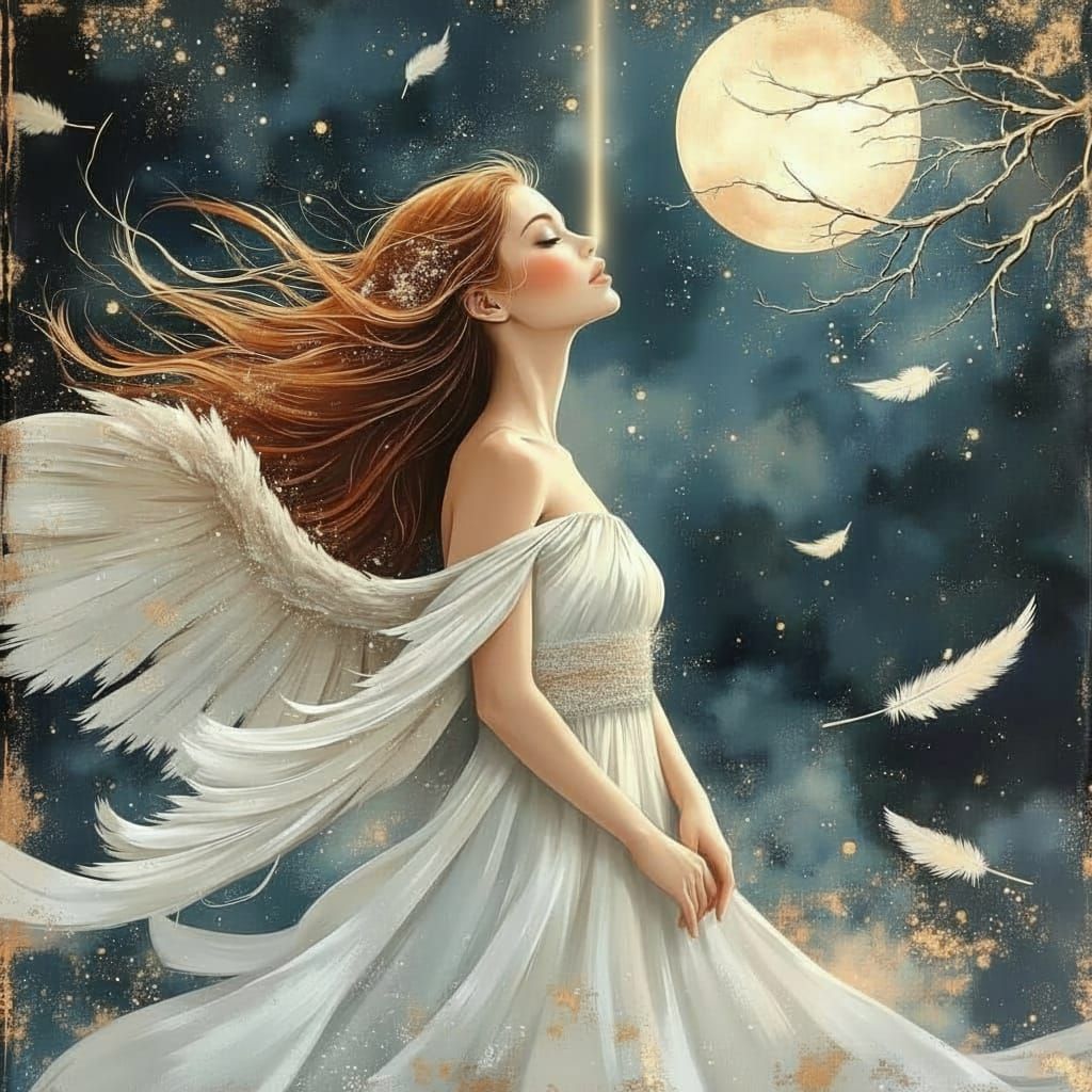 Woman in White Gazes at Moon with Falling Feathers