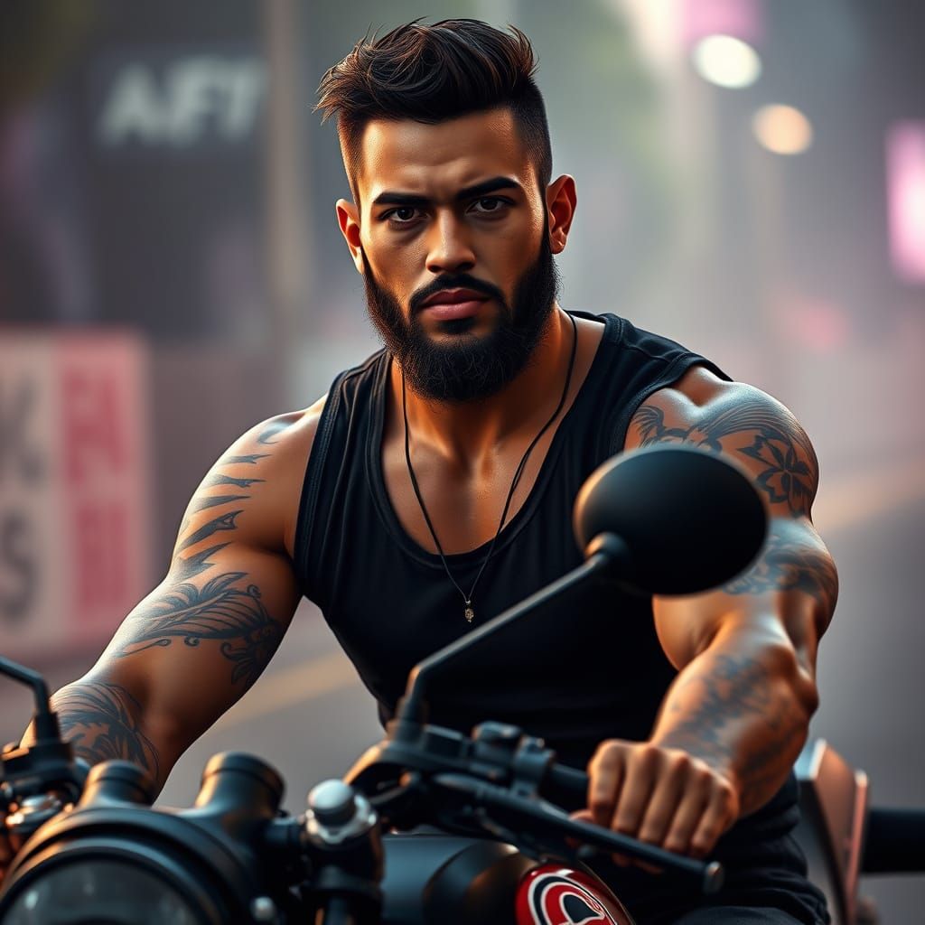 Motorcycle Alpha: Dark Fantasy Portrait in Art Nouveau Style