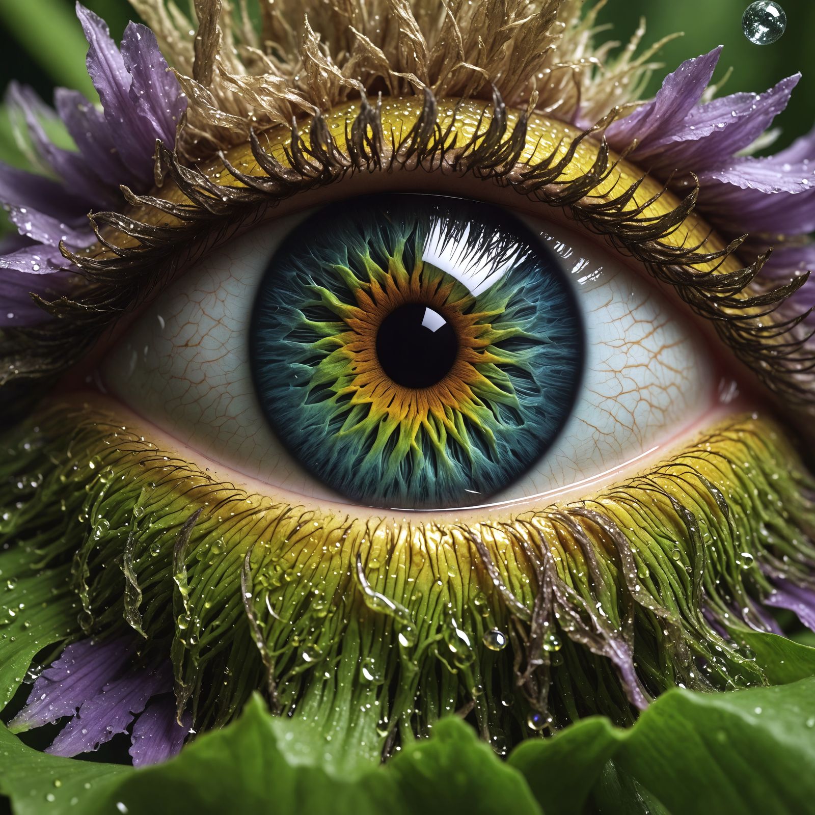 Surreal Eye Formed from Foliage, Brooks and Crystals