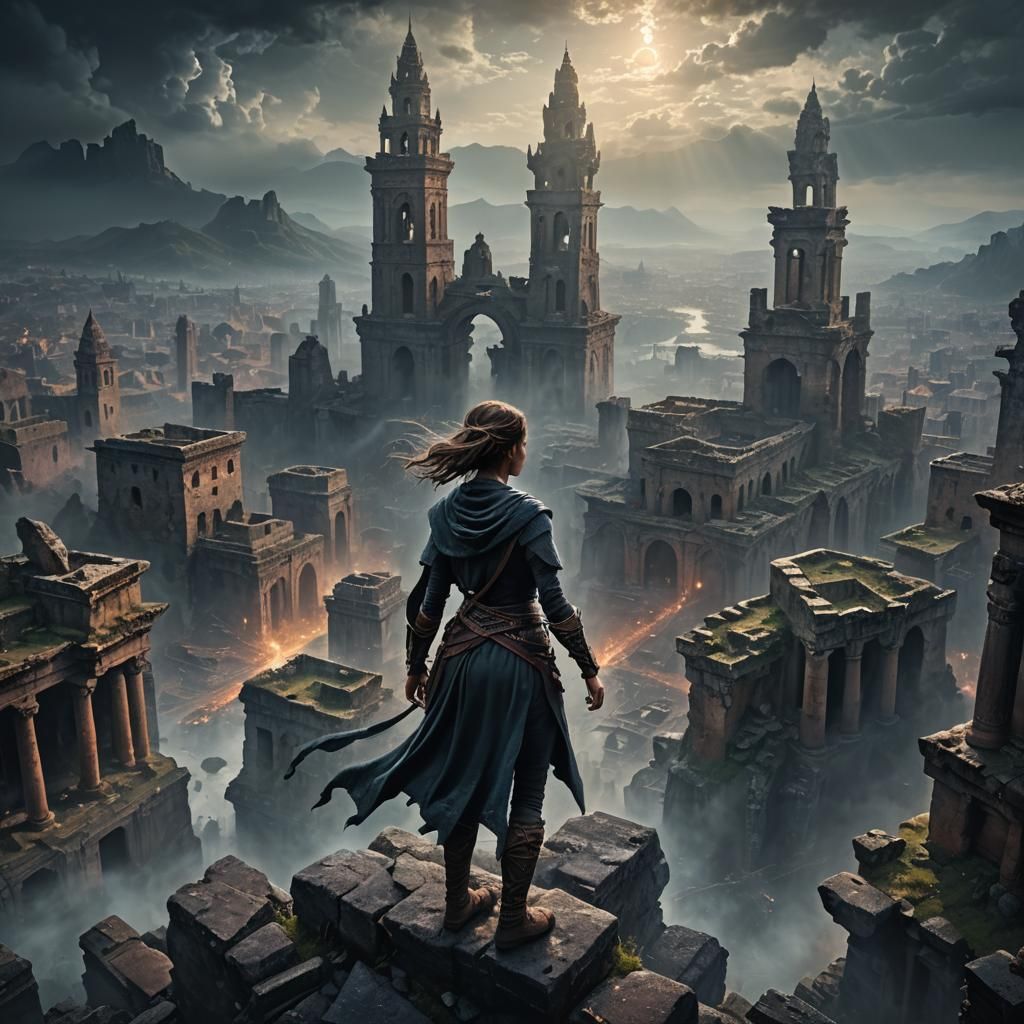 Mystical Cityscape: Assertive Woman in Dramatic Lighting