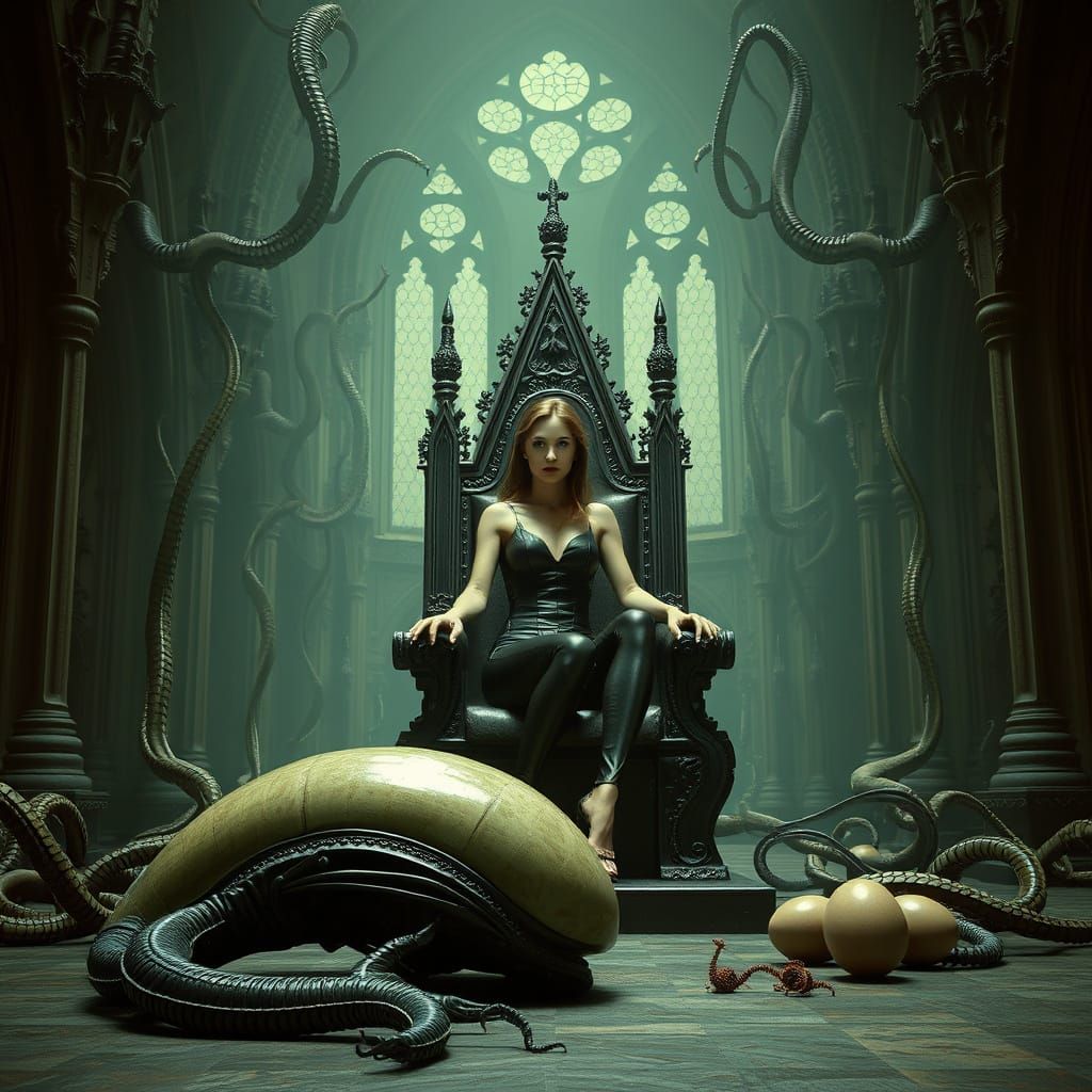 Gothic Queen with Alien in Biomechanical Hall