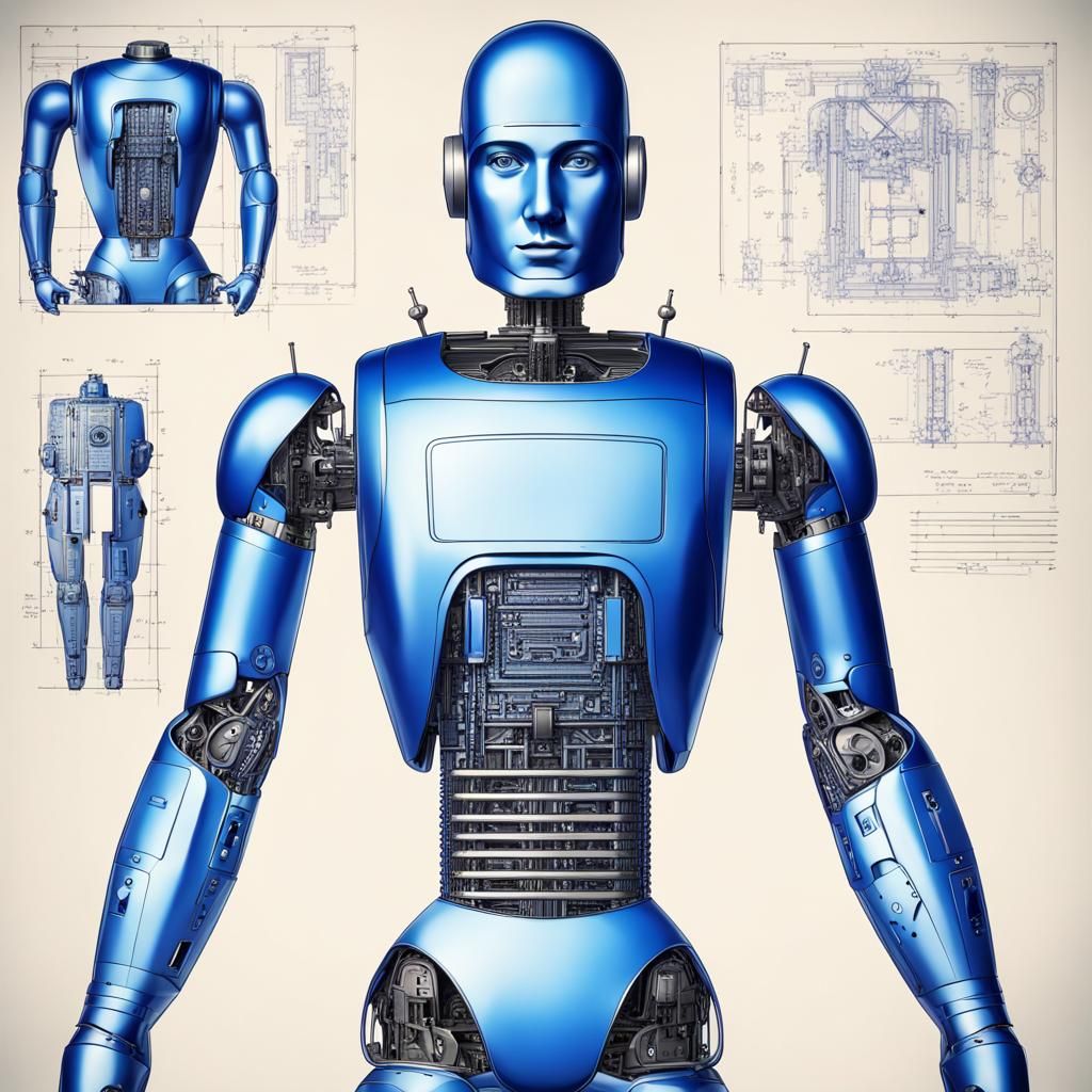 Blue Cyborg Robot with 1930s Graphic Elements