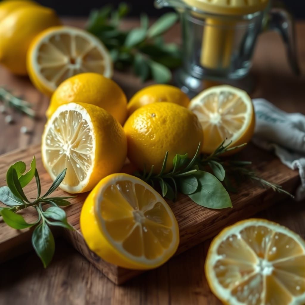 Rustic Still Life of Yellow Lemons and Rosemary