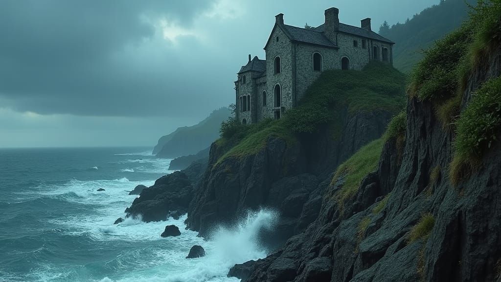 Dramatic Cliffside Mansion in Stormy Weather