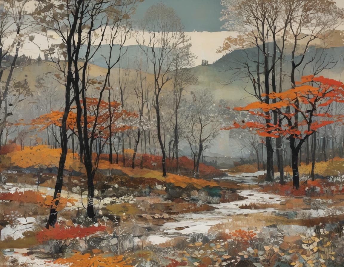 Autumn Landscape Shines After Rain, Mixed Media Collage