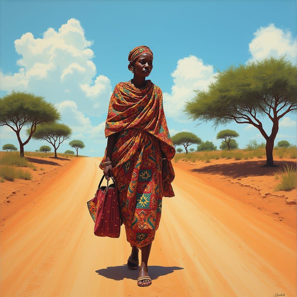 African Woman in Traditional Dirac Dress Strolls Along Deser...