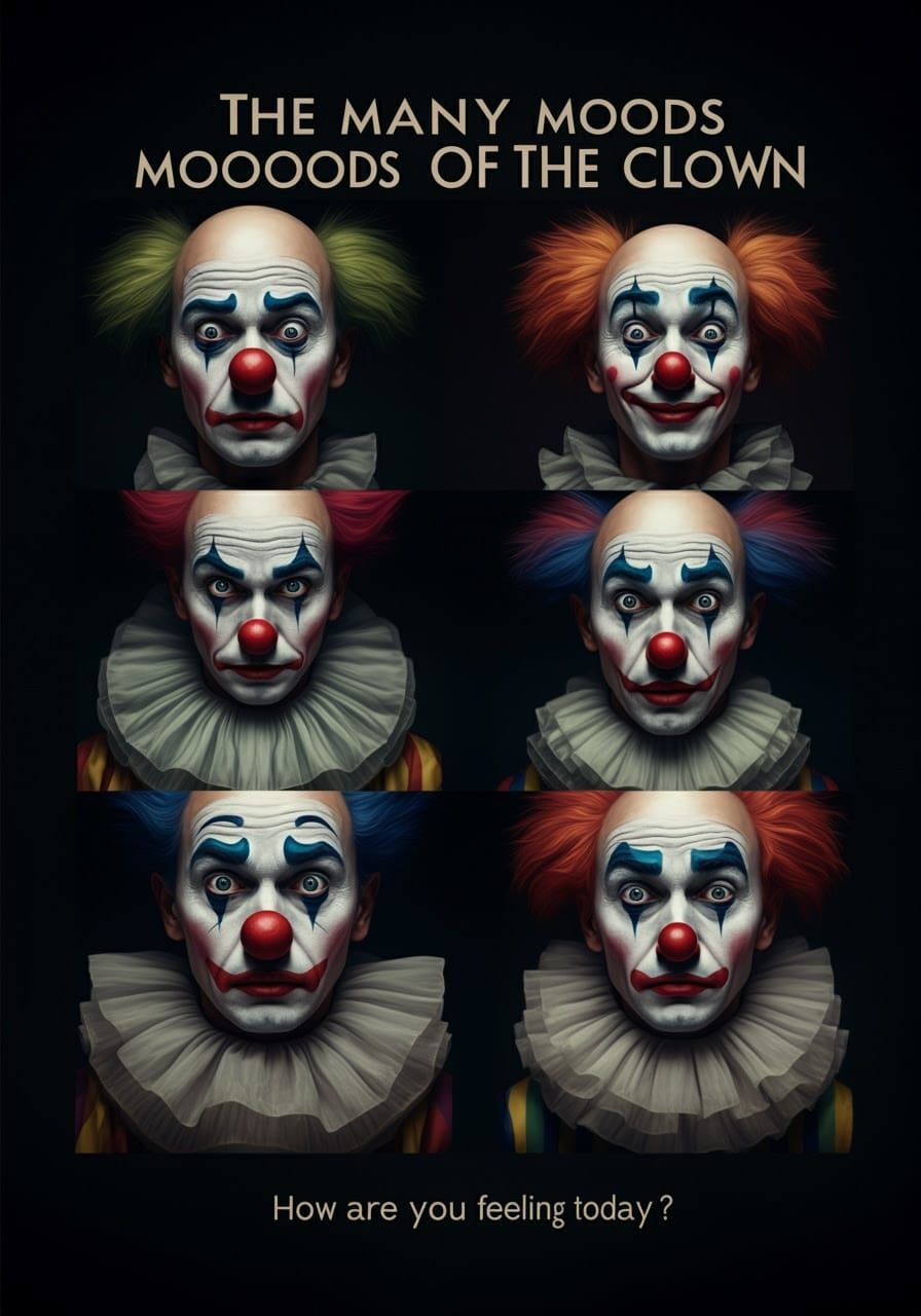 Exaggerated Emotions in Whiteface Clown Portraits