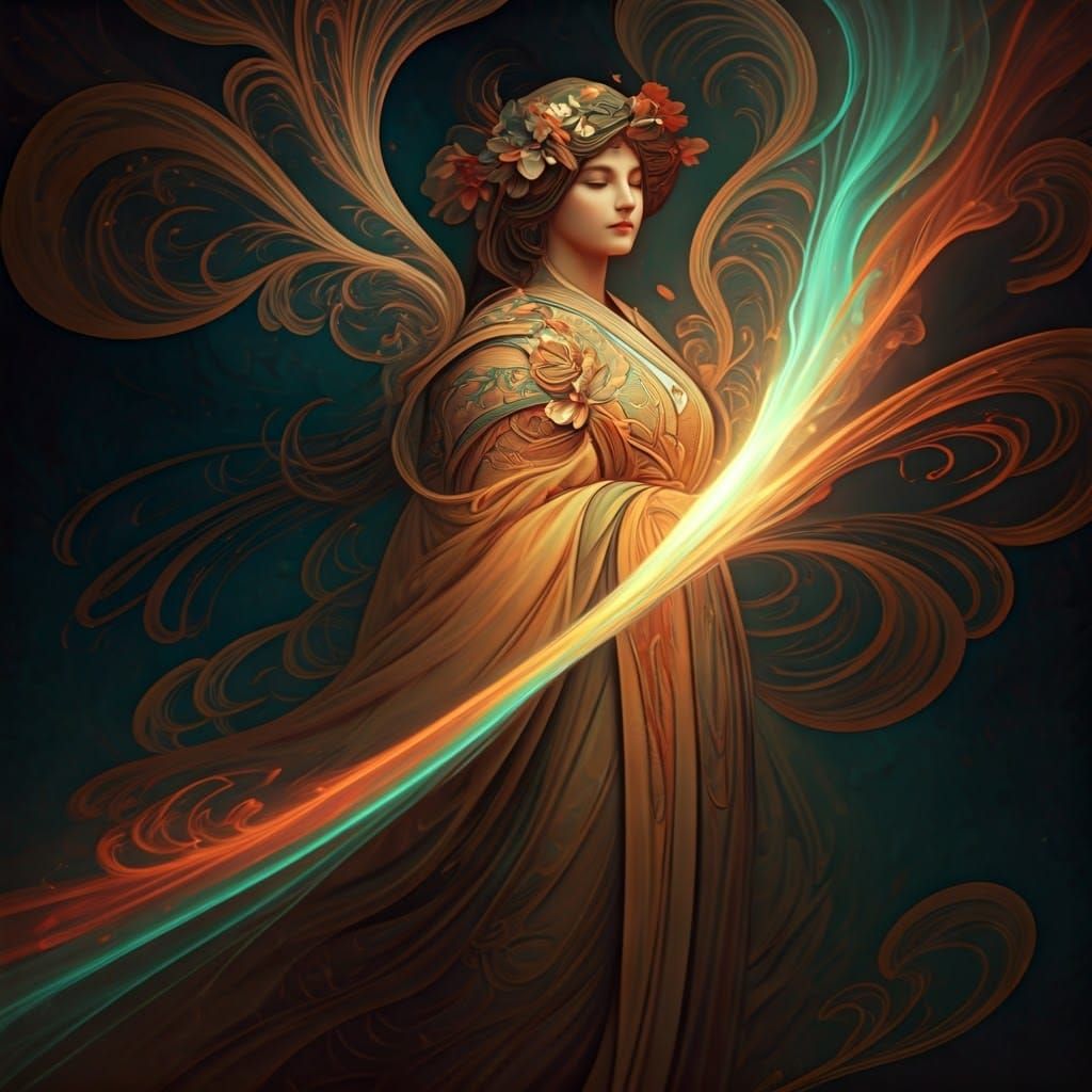 Ethereal Woman's Aurora Transformation in Art Nouveau Style