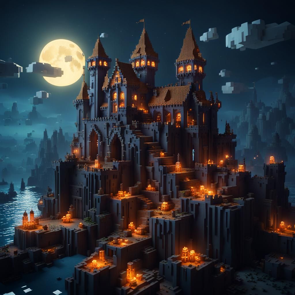 Spooky Minecraft Castle on Ocean Island at Night