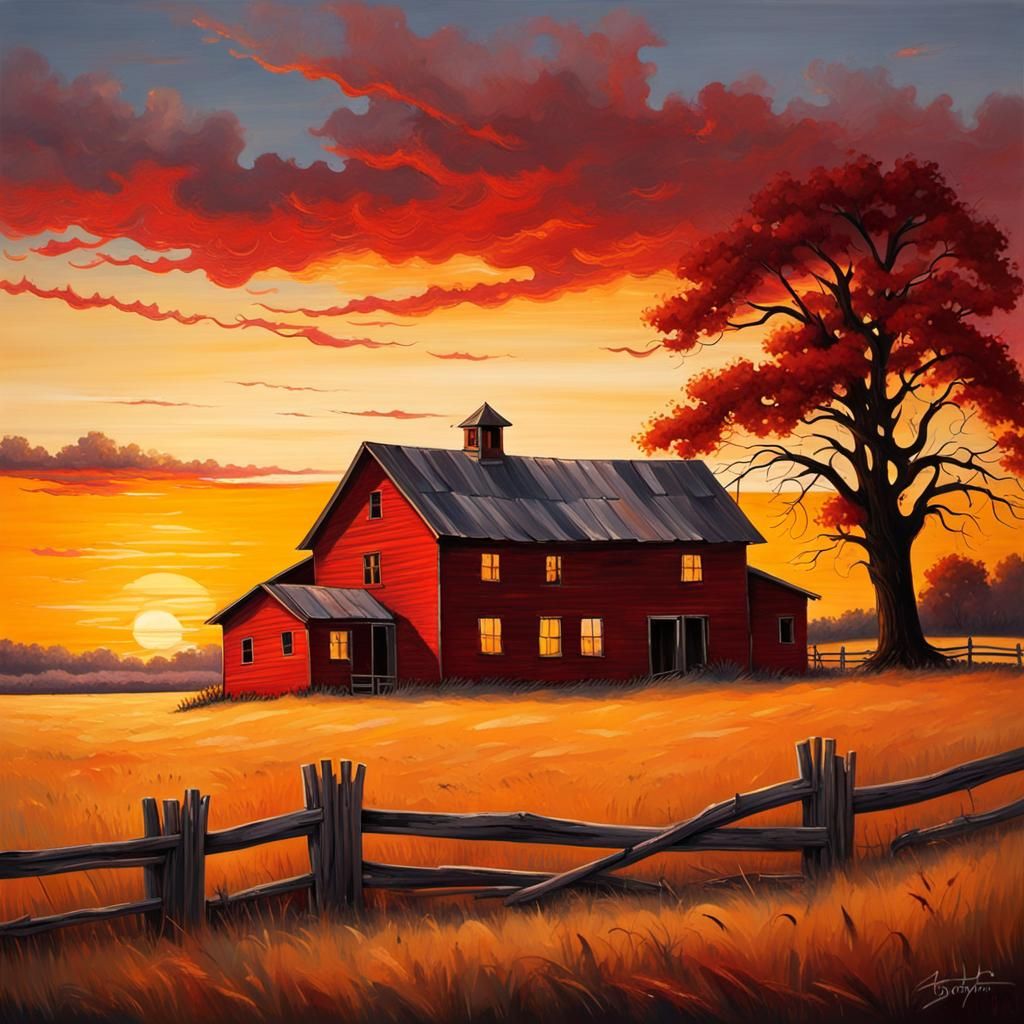 Rustic Farmhouse at Sunset: Hyperrealistic Splash Art