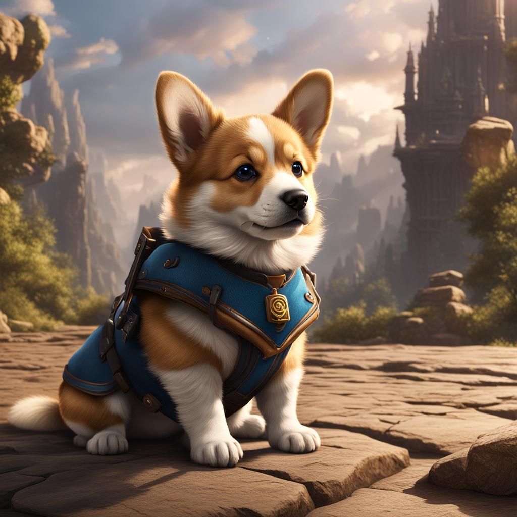 Corgi Puppy Gazing Upwards: Fantasy Concept Art