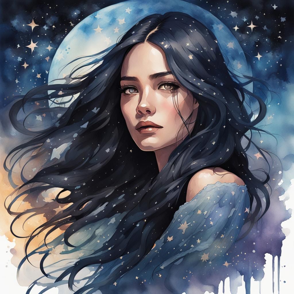 Watercolor Woman in Shadow Dress, Starry Night