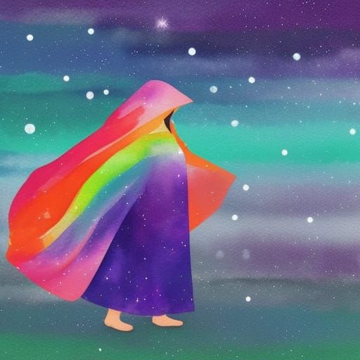 Mysterious Woman in Rainbow Cape, Watercolor Style