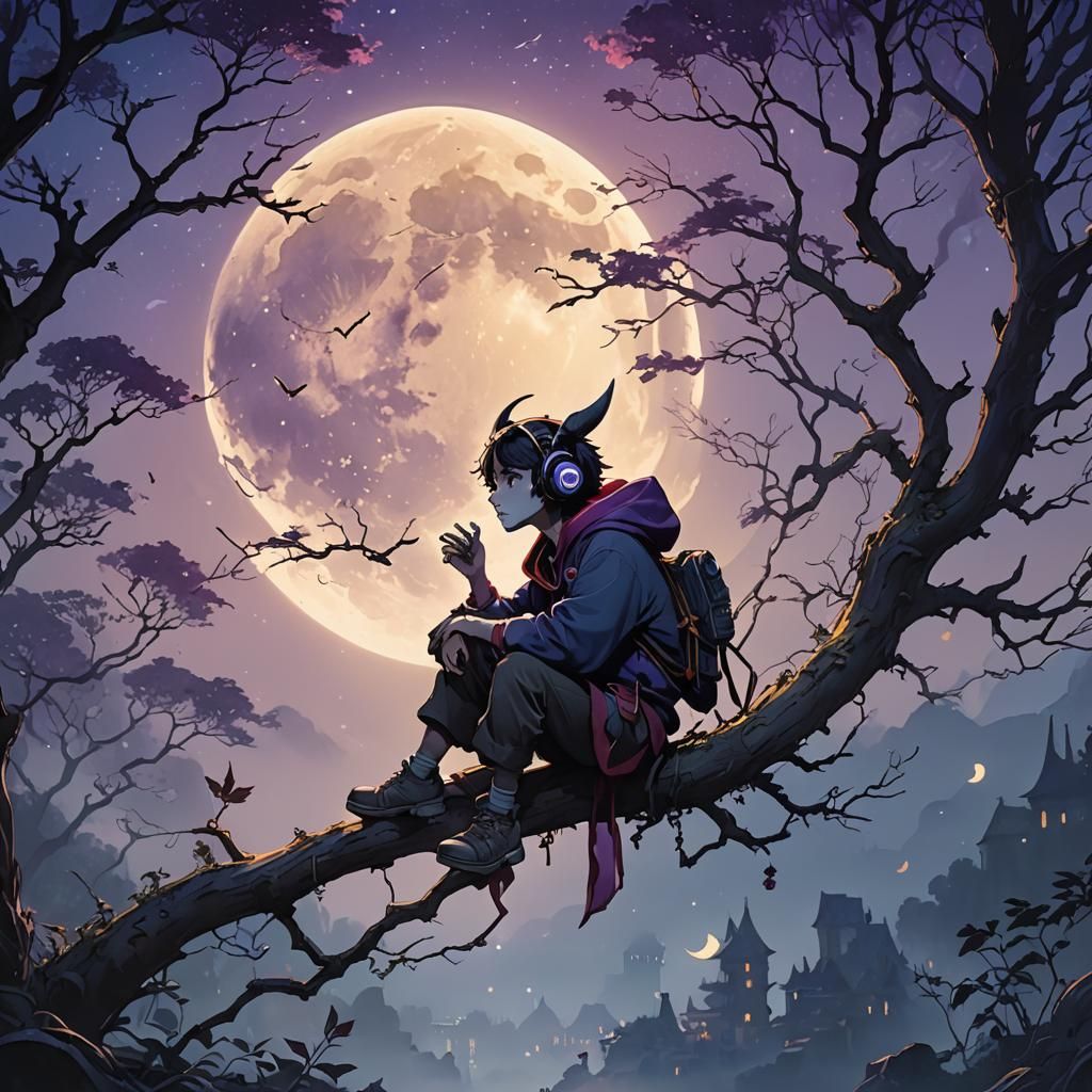 Vampire on Moonlit Branch in Ghibli Style