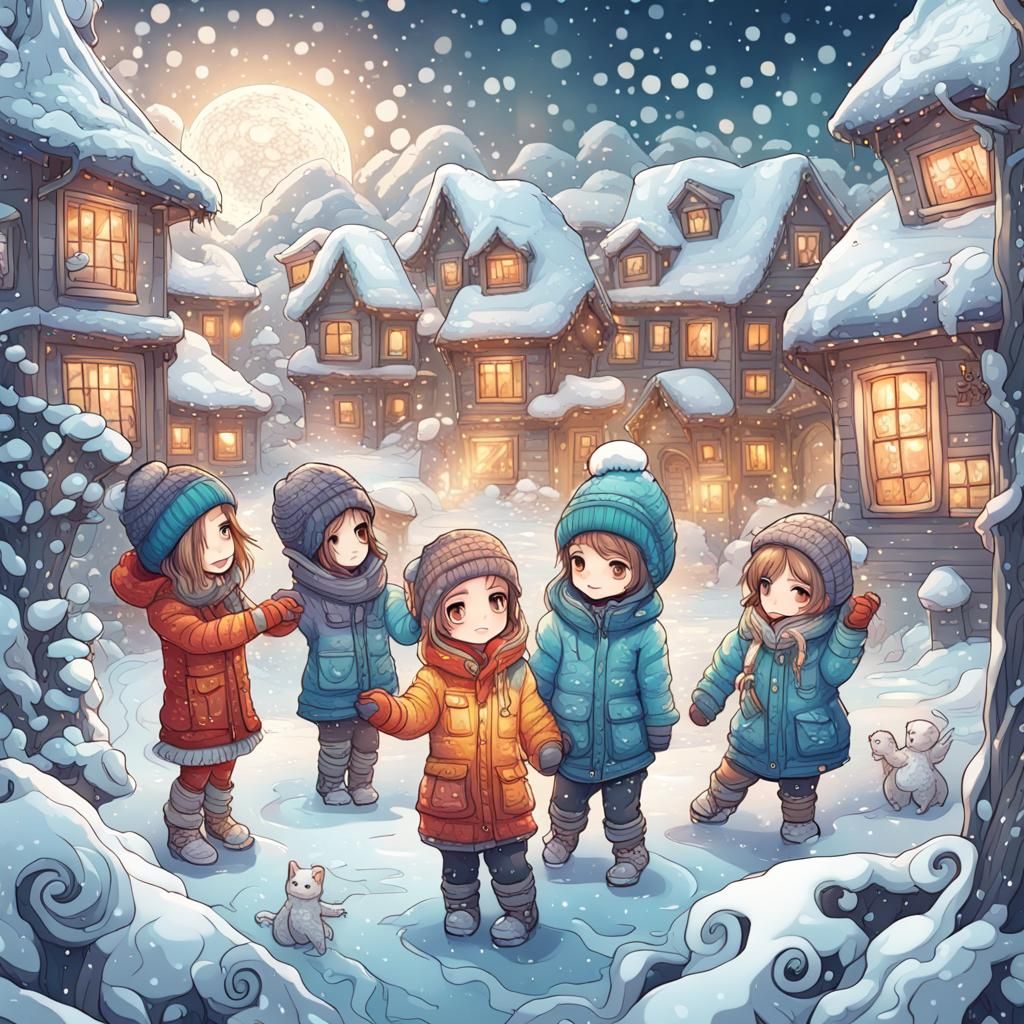 Chibi Children Play in Zentangle Snow, Digital Art