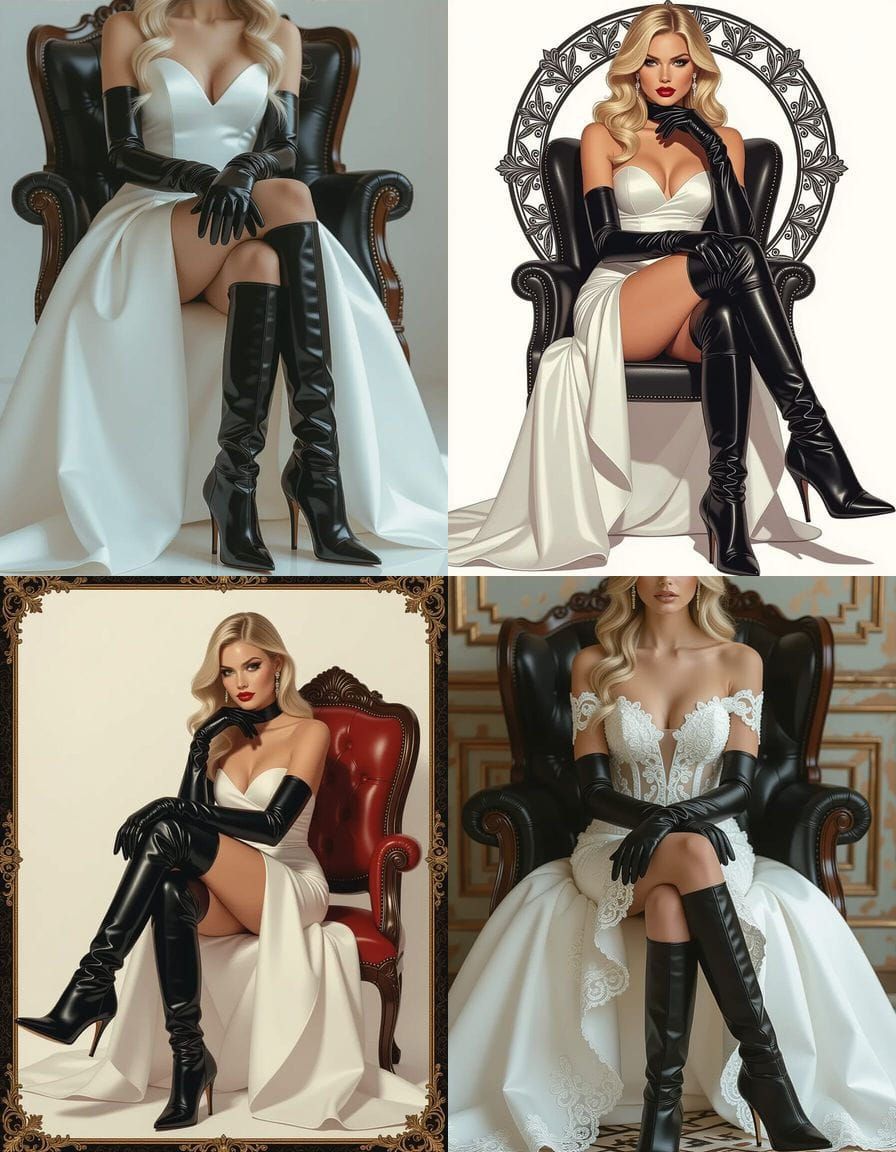 Blonde Bride in Black Leather Opera Gloves and Thigh-High Bo...