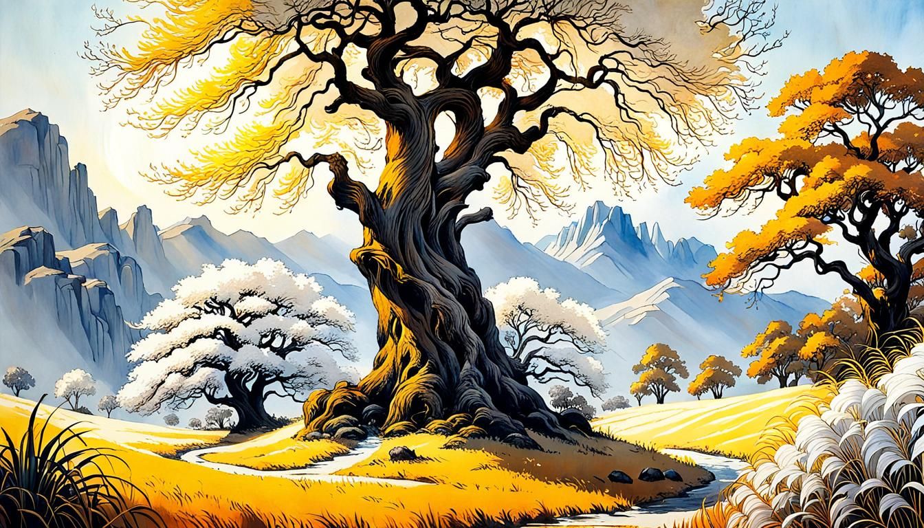 Majestic Ancient Tree in Spring Splendor, Alcoholic Ink Styl...