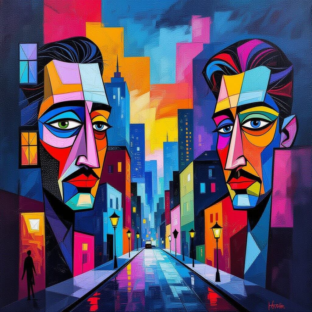 Abstract Cityscape with Building Faces in Geometric Style