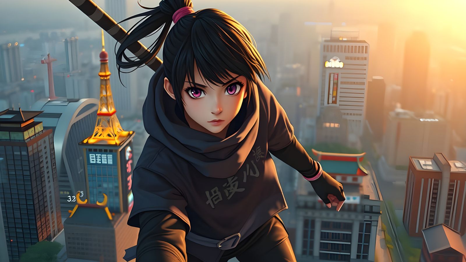Teenage Ninja Girl Defies Tokyo Skyscrapers in Vibrant Neon....