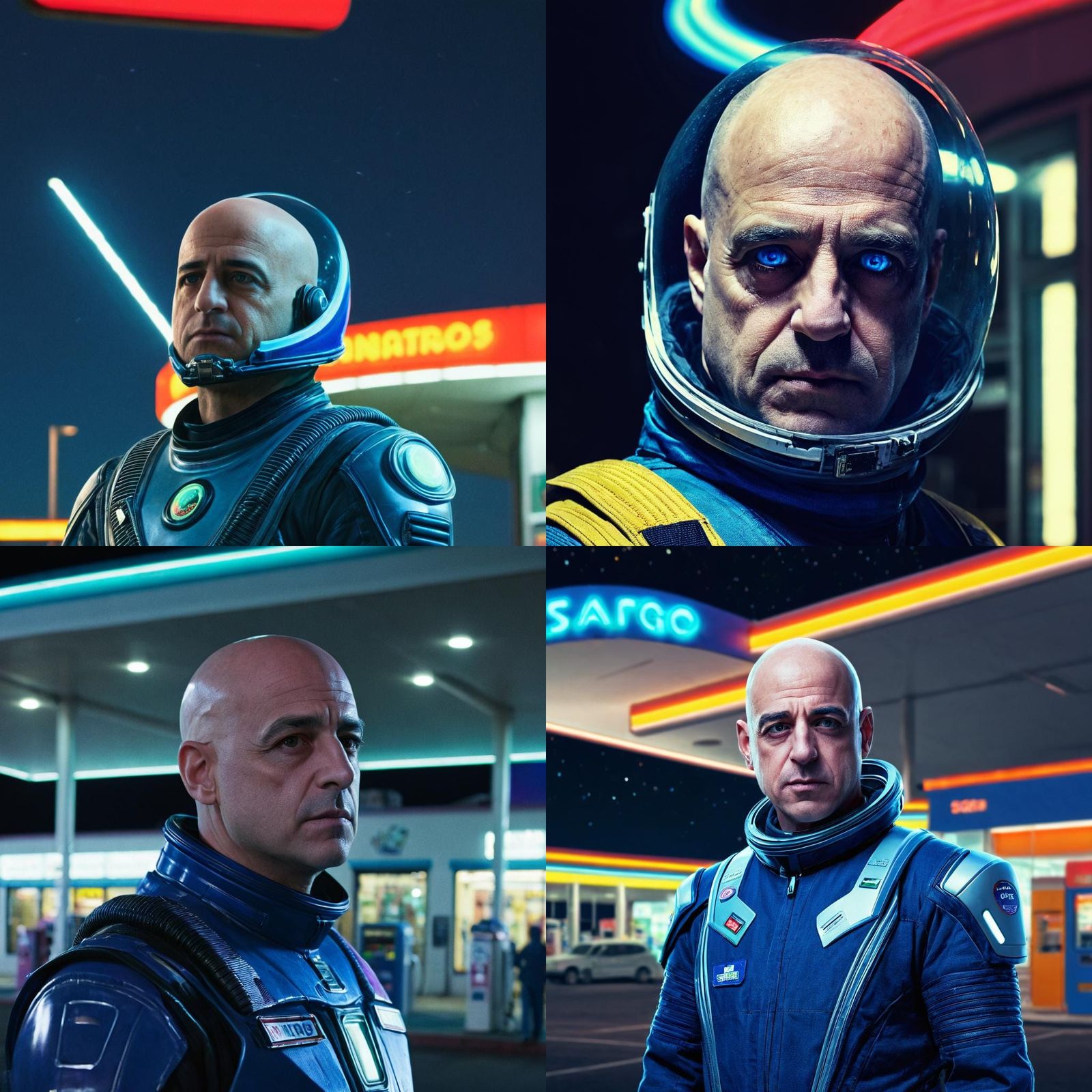 Astronaut at Gas Station at Night