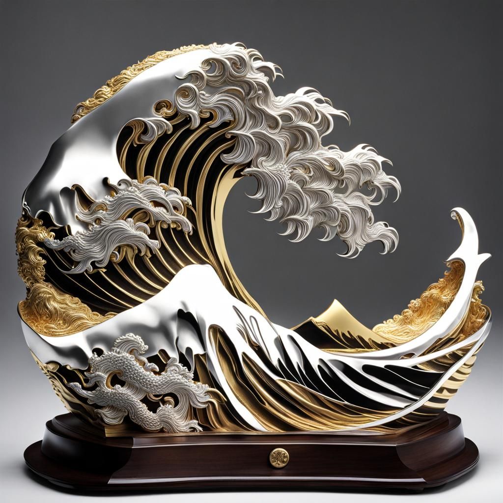 Great Wave off Kanagawa: Silver and Gold Sculpture