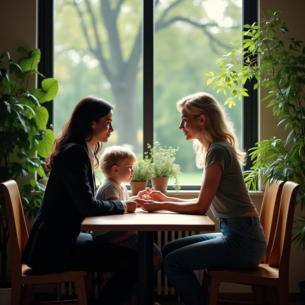 Serene Coffee Shop Scene with Two Women and Child