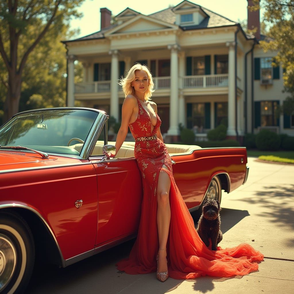 Elegant Blond Woman in Fire Engine Red 1965 Lincoln Continen...