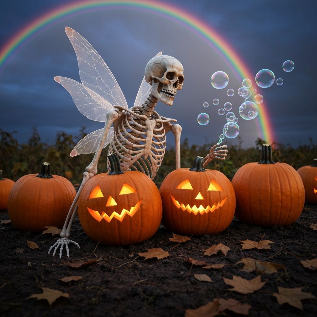 Skeleton Blowing Bubbles in Autumn Pumpkin Patch