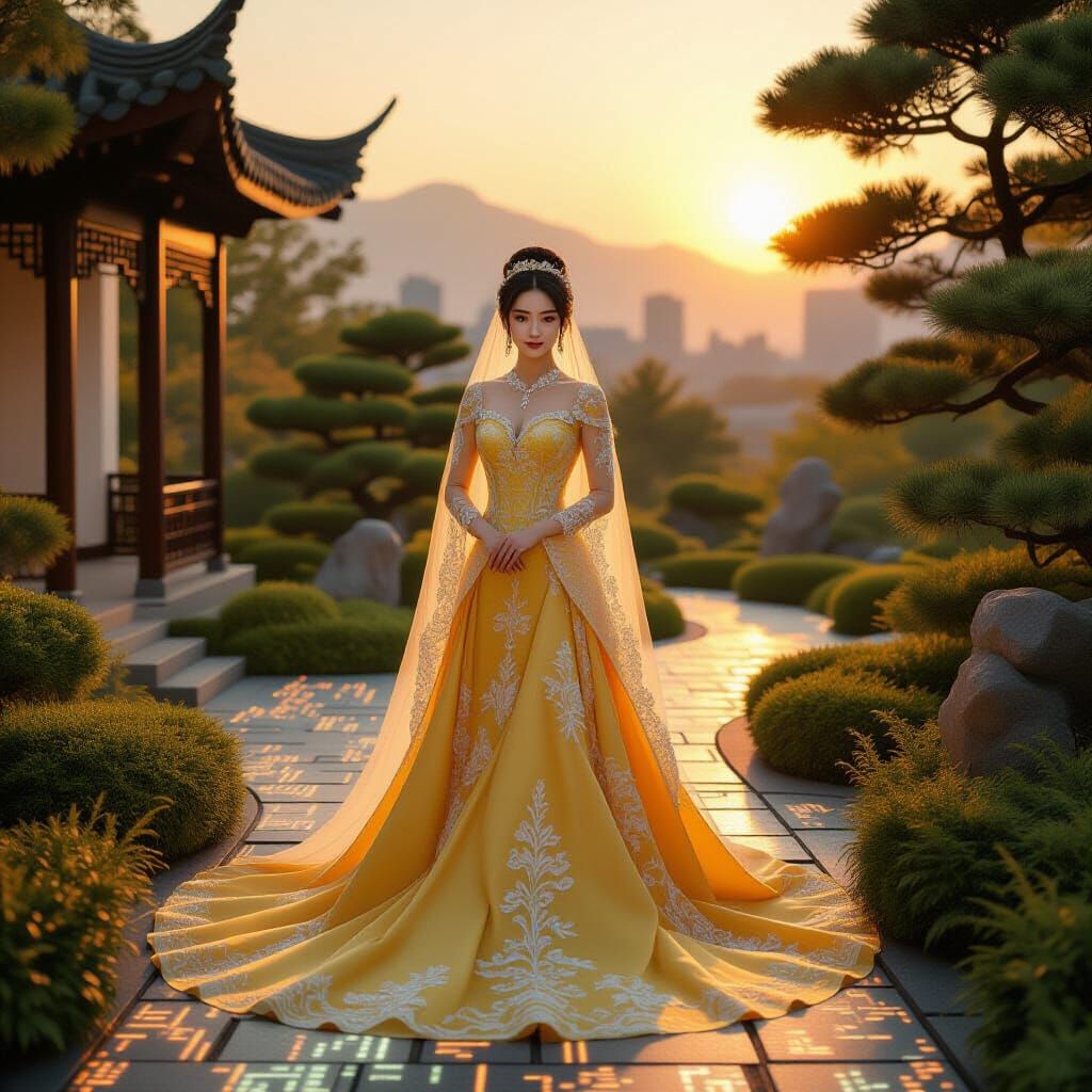 Chinese Bride in Tranquil Garden, Nature & Tech Blend