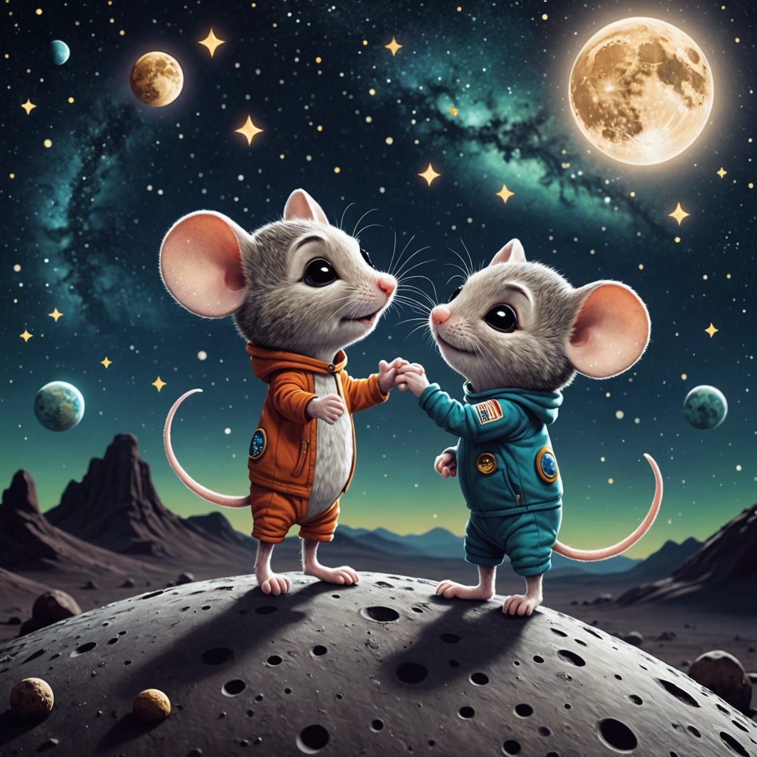 Chibi Mice High-Five on the Moon